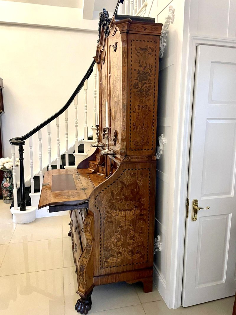 Outstanding Quality 18th Century Antique Dutch Marquetry Inlaid Burr Walnut Bureau Bookcase - Image 11